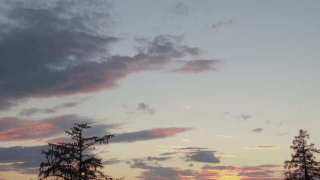 Sunset view of the sky with some clouds and trees in late summer, Switzerland