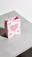 High angle view of white paper shopping bag with pink heart pattern on concrete table