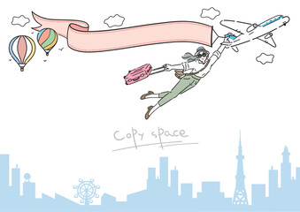 アクティブシニア 女性 旅行 イラスト コピースペース 横長 A判比率