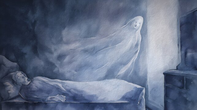 Eerie Watercolor Ghost Illustration Haunts a Sleeping Man in Dark Bedroom Scene