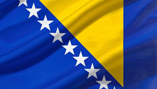 A flag with a blue field, a yellow right triangle in the upper right corner, and white stars diagonally along the triangle&rsquo;s hypotenuse, displayed against a white background, representing Bosnia and H