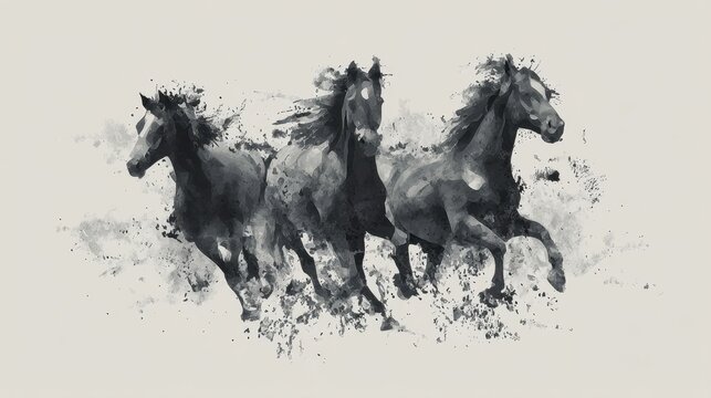 Running horse trio in black and white abstract watercolor style. Dynamic animal art print for wall decoration or graphic design element.