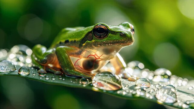 A Glass Frog Perched on a Leaf with Water Droplets