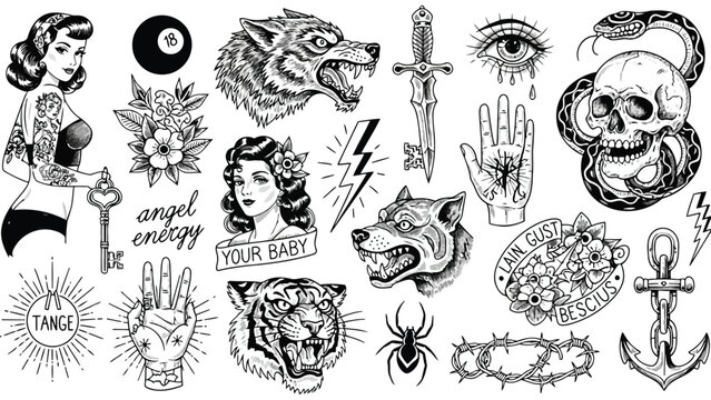 Collection of traditional tattoo flash designs featuring skulls animals and vintage motifs