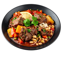 Fototapeta premium Juicy and spicy mutton sukka, a classic dry goat meat curry from karnataka, expertly arranged and isolated on a clean white background