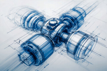 Detailed technical blueprint illustrating a complex mechanical joint component with precise engineering measurements and isometric perspective lines on white backgro