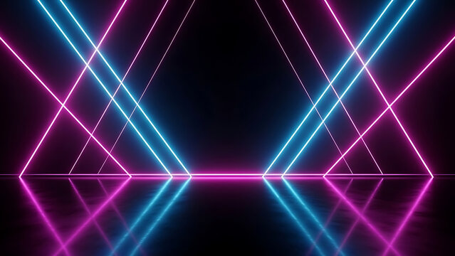 Abstract neon pink and blue laser light lines in dark empty room with reflective floor