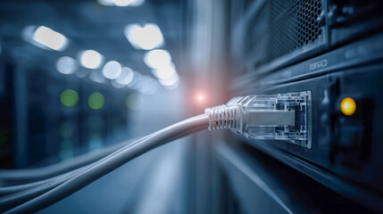 Network cable plugged into a server in a data center with blurred server racks and indicator lights creating a high-tech atmosphere for internet connectivity concept