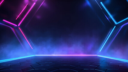 Sci-fi background with hexagonal floor, smoke effects, and neon blue and magenta geometric lights.