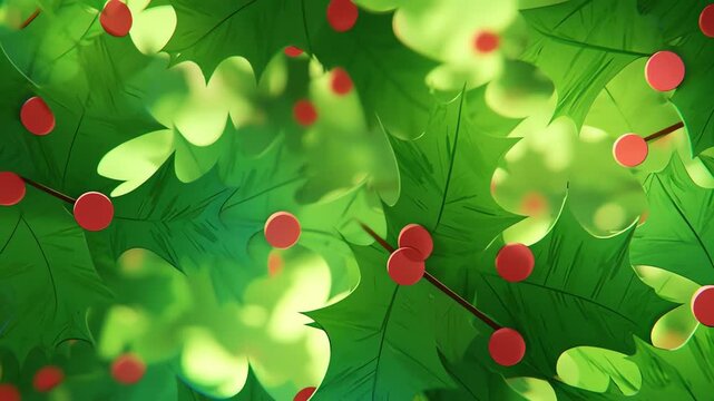 Seamless pattern of green holly leaves with red berries