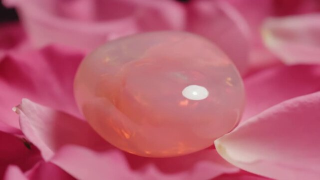 A luminous pink opal resting on vibrant rose petals