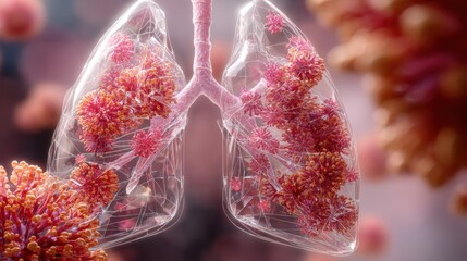 Transparent lungs showing viral infection. Medical illustration of diseased human respiratory organ. Concept of pneumonia, lung cancer.