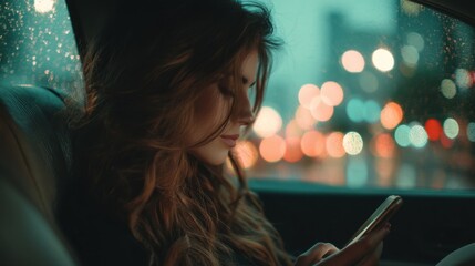 Young woman texting on mobile phone inside car with bokeh city lights. Female communicating on smartphone at night. Urban nightlife technology moment.