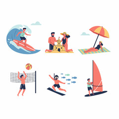 Beach and Summer Holiday Activities: Icons of Surfing, Sandcastles, Sunbathing, Volleyball, Snorkeling, and Windsurfing.