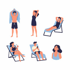 Set of flat vector characters enjoying summer vacation and beach leisure, including sunbathing, relaxing on deck chairs, and drying off.