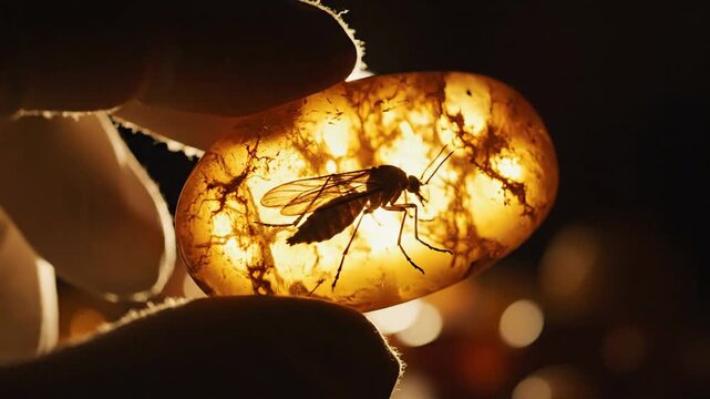 A mosquito preserved in amber held up against the light