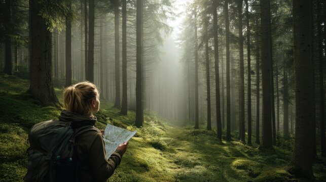 Woman with backpack reading map in misty forest. Lost traveler searching for direction. Outdoor adventure and wilderness exploration concept.