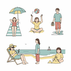 Summer beach vacation activities set featuring people relaxing, playing with a ball, sunbathing, reading, and building sandcastles by the sea.