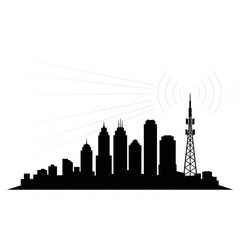 Obraz premium Modern cityscape with cell tower and signal waves emitting