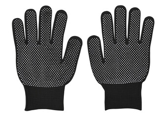 Black work gloves with rubberized surfaces isolated on a transparent background. Full depth of field. PNG.