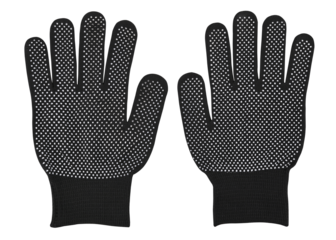 Black work gloves with rubberized surfaces isolated on a transparent background. Full depth of field. PNG.