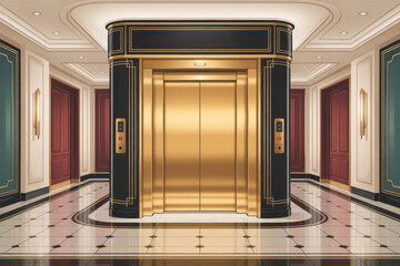 A passenger elevator in the middle of a hotel floor in a luxurious Art Deco hotel, illustration