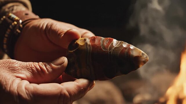 A Native American artisan holding a Jasper stone artifact