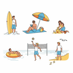 Collection of people enjoying various summer beach activities: surfing, sunbathing, building sandcastles, floating in the water, and playing volleyball.