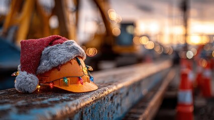 Obraz premium Festive construction helmet, decorated with Santa's hat and lights, against the backdrop of an excavator at sunset