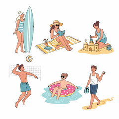 Summer Beach Activities Collection. People enjoying vacation, surfing, sunbathing, building sandcastles, and playing volleyball.