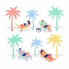 Tropical vacation leisure scene with people relaxing in hammocks and beach chairs under pastel-colored palm trees.