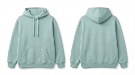 Light Teal Oversized Hoodie Mockup (Front and Back). Blank casual unisex hooded sweatshirt isolated on white background for custom apparel design template.