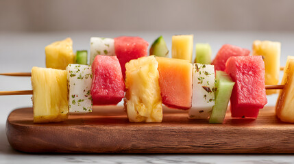 Assorted tropical fruit skewers with watermelon pineapple mango and melon