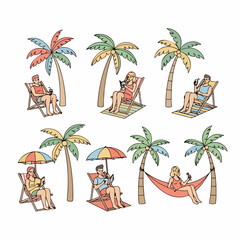 Summer Leisure Set: Cartoon People Relaxing on Tropical Vacation with Palm Trees, Deck Chairs, and Hammocks, Enjoying Drinks and Reading.