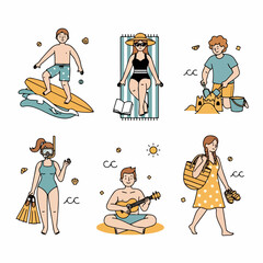 Outline illustrations of people engaging in various summer beach and ocean vacation activities like surfing, sunbathing, snorkeling, building sandcastles, and playing music.