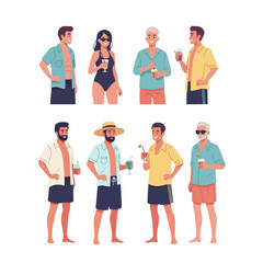 A diverse group of happy people in beachwear holding summer drinks, isolated illustration of holiday relaxation and friendship.