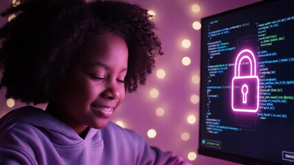 Young girl intently studies a computer screen showing code and a bright neon lock symbol. - Powered by Adobe