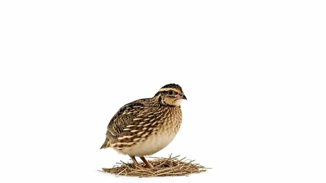 A single quail bird stands on a nest of straw against a white background.