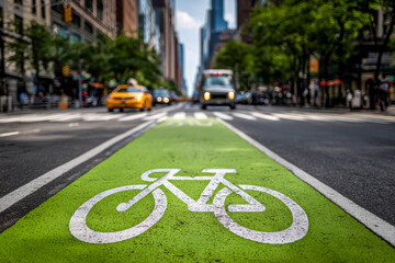 Obraz premium Vibrant green bike lane marking on a bustling city street with blurred yellow taxi and ambulance traffic in the background during a bright day