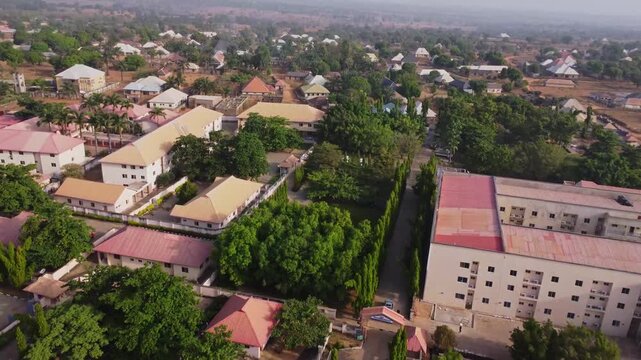 Beautiful aerial of a luxurious holiday resort KINI Country Guest Inn in a green environment in Akwanga, Nigeria on a sunny day