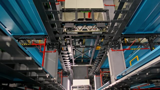 A clean view of the central rail corridor inside an automated robotic parking system, featuring steel columns, lighting, blue platforms, industrial pipes, and the main shuttle track in a high-tech fac