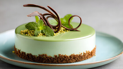 pistachio mousse cake with glossy green glaze and chocolate curls