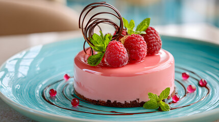 raspberry mousse cake with glossy pink glaze and fresh berries