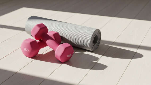 Home workout setup with pink weights and a grey mat on sunlit wood