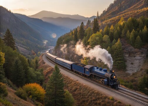 A green train travels across a railway bridge over a river in a mountainous Norway landscape with a summer forest, rocky hills, and a cloudy blue sky