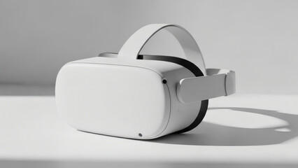 A modern white virtual reality headset sits on a bright surface casting distinct shadows