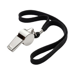 Fototapeta premium A metallic whistle with a black lanyard, set against a pristine background, symbol of guidance and direction