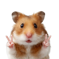 Portrait of a cute happy hamster peace sign hands