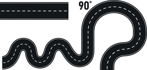 Winding road marked with dashed lines and a speed limit of 90
