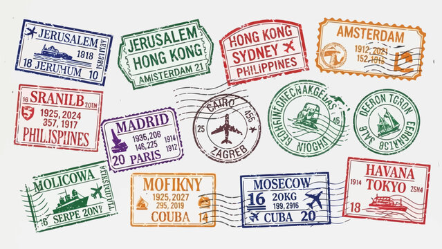 Collection of vintage travel stamps depicting various global cities and destinations